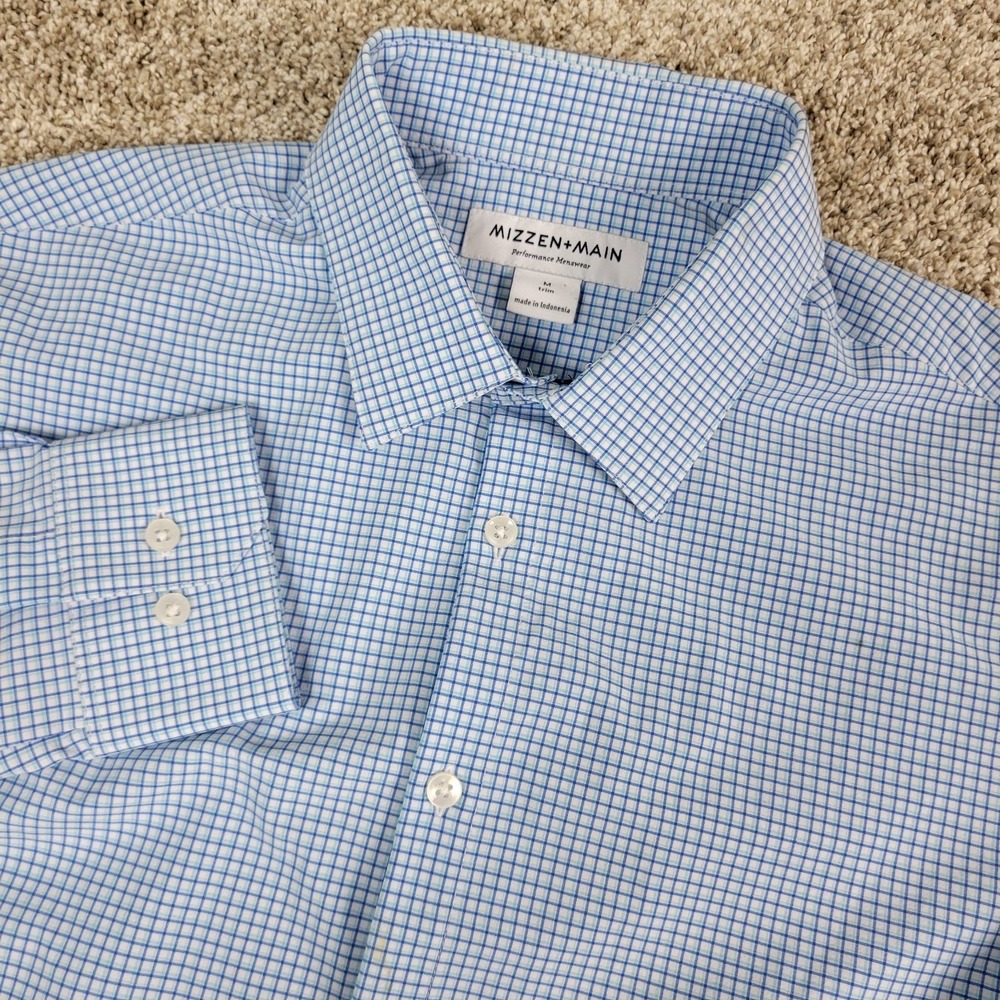 Mizzen+Main Mens Medium Blue White Check Performance Stretch Button Up LS